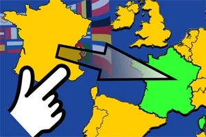 Karttakuva Euroopasta, jossa suurennettu Ranska, ja valkoinen sormi osoittaa siihen