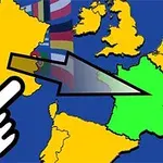 Karttakuva Euroopasta, jossa suurennettu Ranska, ja valkoinen sormi osoittaa siihen