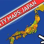 Karttapiirros Japanista, jossa on värikkäät alueet ja suuri osoittava käsi
