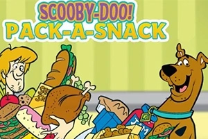 Scooby-Doo! Pack-a-Snack Kaksi piirroshahmoa pitelee suuria voileipiä ja ruokia, taustalla näkyy Scooby-Doo!