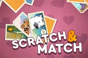 Useita päällekkäisiä värikkäitä kuvia eläimistä, kuten kirahvista ja lampaasta, sekä teksti Scratch & Match vaaleanpunaisella taustalla