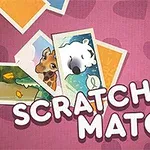 Useita päällekkäisiä värikkäitä kuvia eläimistä, kuten kirahvista ja lampaasta, sekä teksti Scratch & Match vaaleanpunaisella taustalla