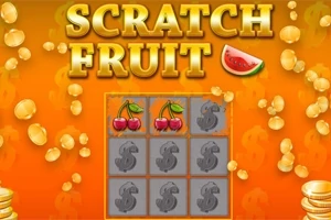 Oranssilla taustalla on raaputusruudukko, jossa on kaksi kirsikkaparia, ympärillä kolikoita ja yläreunassa teksti Scratch Fruit