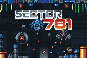 Pikselöity scifi-maisema, jossa on robottihahmoja ja otsikot SECTOR 781