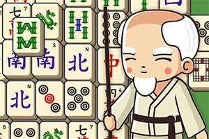 Piirroshahmo valkoisessa asussa seisoo mahjong-laattojen edessä pitäen keppiä kädessään