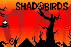 Tumma siluetti oksaisesta puusta ja pyörillä varustetuista linnuista oranssin ja punaisen taustan edessä, teksti SHADOBIRDS yläosassa