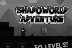 Varjoisassa maisemassa hahmo seisoo alustan päällä, taustalla näkyy vuoria ja tähtitaivas, jonka yläpuolella on teksti SHADOWORLD ADVENTURE