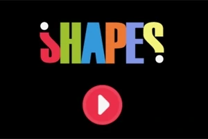 Värikäs SHAPES teksti mustalla taustalla punaisen toistopainikkeen yläpuolella