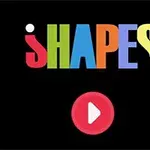 Värikäs SHAPES teksti mustalla taustalla punaisen toistopainikkeen yläpuolella