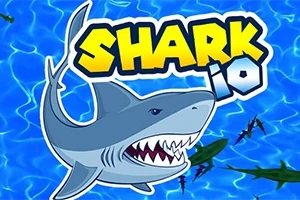 Piirretty hai ja teksti Shark io sinisessä vedessä