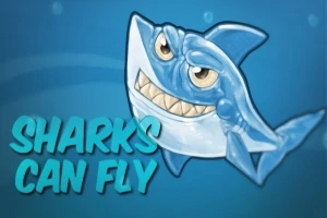 Hymyilevä piirretty hai sinisellä taustalla tekstillä Sharks Can Fly