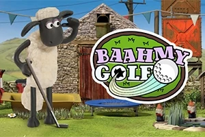 Lammas seisoo viheriöllä pitäen golfmailaa, taustalla kivitalo ja suuri logo, jossa lukee Baahmy Golf