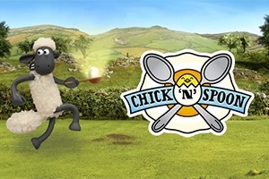 Lampaan hahmo kantaa lusikkaa avoimella niityllä, vieressään logo, jossa on kaksi lusikkaa ja keltainen ympyrä, sekä teksti Chick n Spoon