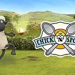 Lampaan hahmo kantaa lusikkaa avoimella niityllä, vieressään logo, jossa on kaksi lusikkaa ja keltainen ympyrä, sekä teksti Chick n Spoon