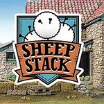 Kolme päällekkäin kasattua lammasta maalaistalon edessä, keskellä iso Sheep Stack -logo