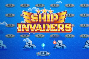 Kirkkaita tähtiä sisältävä, punakeltainen otsikko Ship Invaders sinisellä taustalla, jossa on laivoja, pilviä ja kiviä