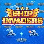 Kirkkaita tähtiä sisältävä, punakeltainen otsikko Ship Invaders sinisellä taustalla, jossa on laivoja, pilviä ja kiviä