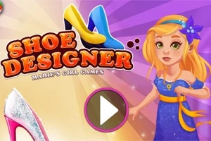 Piirroshahmo sinisessä mekossa, keltaiset ja siniset korkokengät, iso play-painike ja teksti Shoe Designer