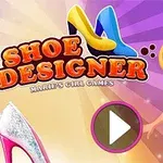 Piirroshahmo sinisessä mekossa, keltaiset ja siniset korkokengät, iso play-painike ja teksti Shoe Designer