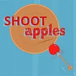 Kuvassa on maalitauluun ammuttu nuoli, joka lävistää punaisen omenan, tekstillä SHOOT apples
