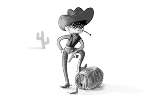 Piirretty cowboy seisoo tyhjää tynnyriä vasten, kaktus taustallaan