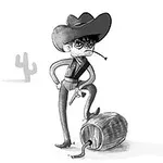 Piirretty cowboy seisoo tyhjää tynnyriä vasten, kaktus taustallaan