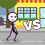 Kaksi tikku-ukkoa aseiden kanssa vastakkain keltaisen rakennuksen edessä, keskellä iso VS -kirjainyhdistelmä
