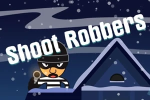 Sarjakuvamainen hahmo raidallisessa paidassa ja naamiossa talon katolla, lumisateinen yötausta, ja teksti Shoot Robbers