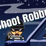 Sarjakuvamainen hahmo raidallisessa paidassa ja naamiossa talon katolla, lumisateinen yötausta, ja teksti Shoot Robbers