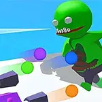 Vihreä hahmo, jolla on suuret silmät ja terävät hampaat, seisoo valkoisella alustalla värikkäiden pallojen ja violetin laitteen edessä sinistä taivasta vasten