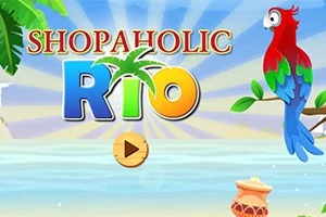 Otsikko Shopaholic Rio, värikäs papukaija, palmuja ja ranta-aurinko taustalla