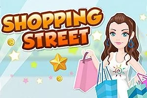Nuori nainen kantaa useita ostoskasseja Shopping Street -tekstin alla, taustalla on tähtiä ja kolikoita