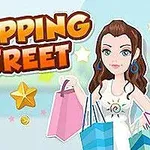 Nuori nainen kantaa useita ostoskasseja Shopping Street -tekstin alla, taustalla on tähtiä ja kolikoita