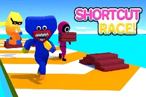 Kolme värikästä hahmoa kilpailemassa radalla, taustalla teksti Shortcut Race