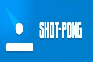 Sinisellä taustalla valkoinen pallo, mailan symboli ja teksti Shot-Pong