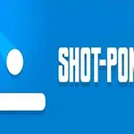 Sinisellä taustalla valkoinen pallo, mailan symboli ja teksti Shot-Pong