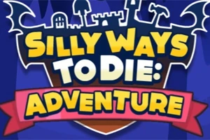 Keskellä kuvaa on värikäs, piirretty teksti Silly Ways to Die: Adventure, taustalla linnan torni ja lepakkosiivet