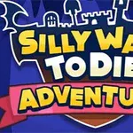 Keskellä kuvaa on värikäs, piirretty teksti Silly Ways to Die: Adventure, taustalla linnan torni ja lepakkosiivet