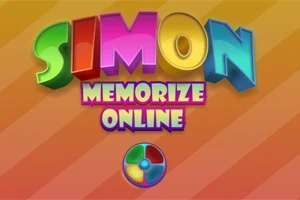 Värikkäitä, kolmiulotteisia kirjaimia oranssilla raidallisella taustalla, tekstillä SIMON MEMORIZE ONLINE ja alareunassa on nelivärinen ympyrä