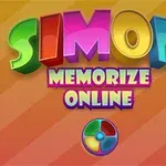 Värikkäitä, kolmiulotteisia kirjaimia oranssilla raidallisella taustalla, tekstillä SIMON MEMORIZE ONLINE ja alareunassa on nelivärinen ympyrä