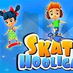 Kolme piirrettyä hahmoa skeittaamassa värikkäällä taustalla, keskellä teksti Skate Hooligans