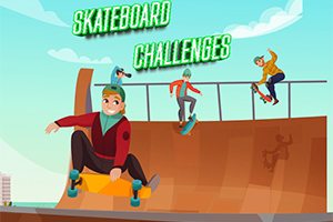 Kuvassa on kolme henkilöä skeittaamassa rampilla, taustalla sininen taivas ja rakennuksia, yläosassa teksti Skateboard Challenges