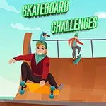 Kuvassa on kolme henkilöä skeittaamassa rampilla, taustalla sininen taivas ja rakennuksia, yläosassa teksti Skateboard Challenges