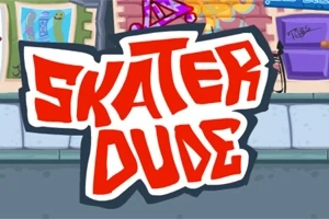 Punainen ja valkoinen graffitityylinen teksti Skater Dude värikkäällä katutaustalla