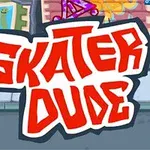 Punainen ja valkoinen graffitityylinen teksti Skater Dude värikkäällä katutaustalla