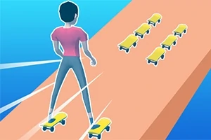 Hahmo skeittaa rampilla, jossa on useita pieniä keltaisia skeittilautoja