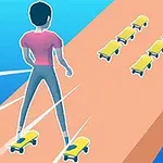 Hahmo skeittaa rampilla, jossa on useita pieniä keltaisia skeittilautoja