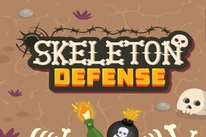 Pääkalloaiheinen kuva, jossa on piikkilankaa, pommi, luurangon kädet ja teksti Skeleton Defense