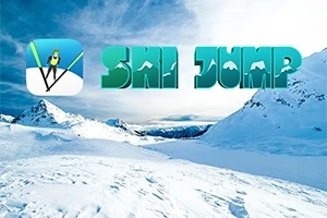 Luminen vuoristomaisema taustalla ja tekstilogo Ski Jump etualalla