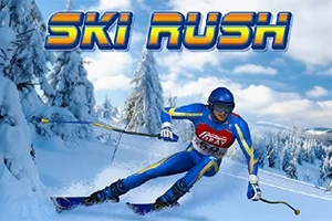 Hiihtäjä sinisessä puvussa laskee lumista rinnettä, taustalla lumisia puita ja teksti SKI RUSH